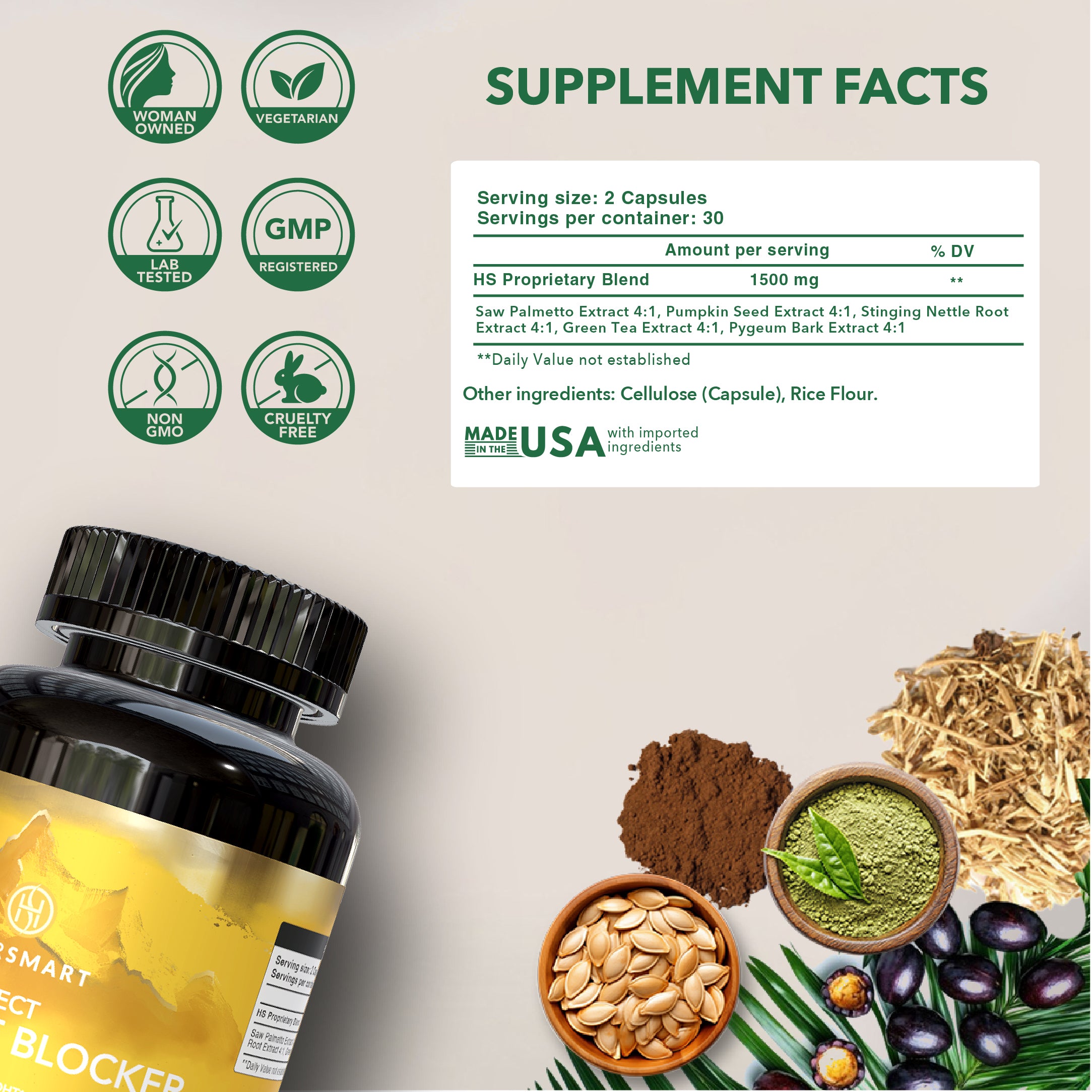 100% Natural DHT BLOCKER for Genetic Hair Loss in Men & Women; 60 Capsules